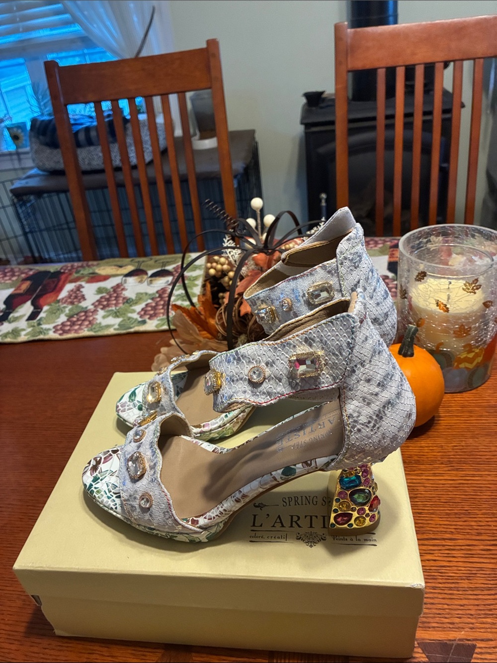 L'ATISTE White Snakeskin Jeweled Block Heel Sandals